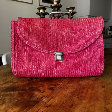Large Woven Raffia Fuchsia Pouch