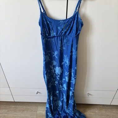 blue floral slip dress with lace up back