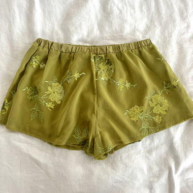 Olive Green Floral Sequin Embroidered Shorts