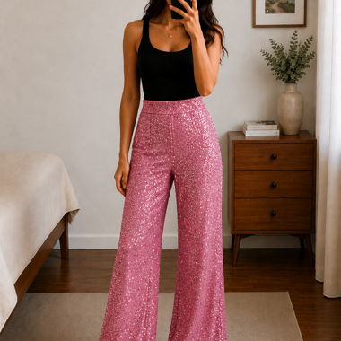 Pantalon ample à sequins roses