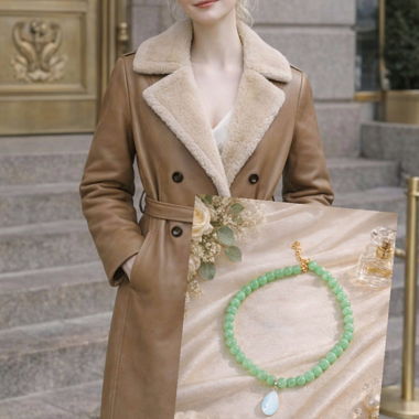 Cappotto da donna beige / Regalo: collana verde