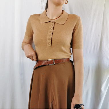 Top polo in maglia beige a maniche corte in seta e cashmere