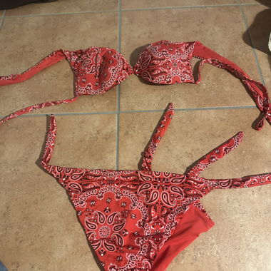 Red bikini set with paisley pattern
