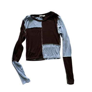 Zweifarbiges Patchwork-Top Braun & Hellblau Y2K S