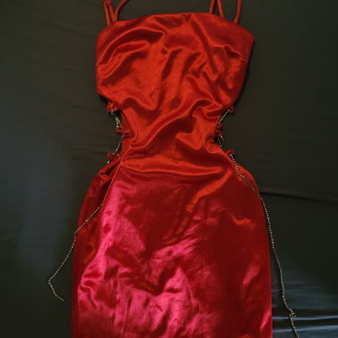 Red Satin Dress with Sparkling Lacing