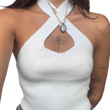 White Halter Ribbed Top