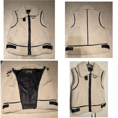 Beige Teddy Vest with Faux Leather Details