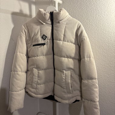 Beige Cord Quilted Jacket with Removable Hood