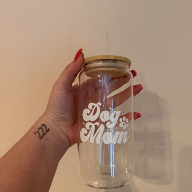 Dog Mom Glass Cup with Lid