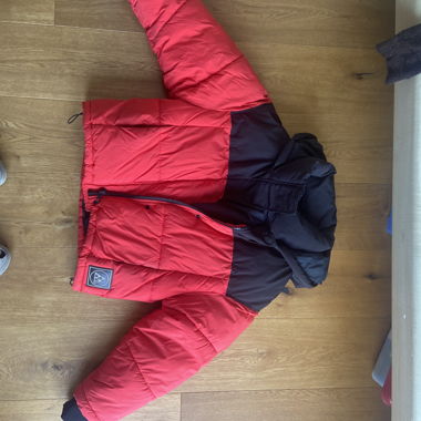 Red and black puffer jacket