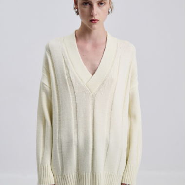 Maglione Bianco Oversize in Maglia a Scollo a V