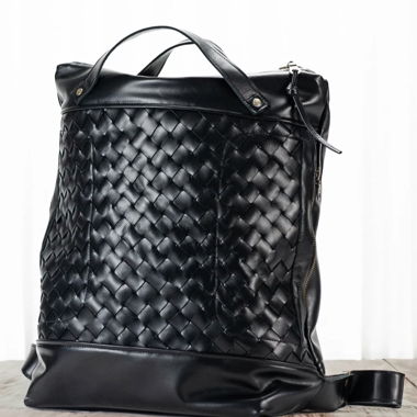 Zaino in pelle nero tessuto a mano NUOVO