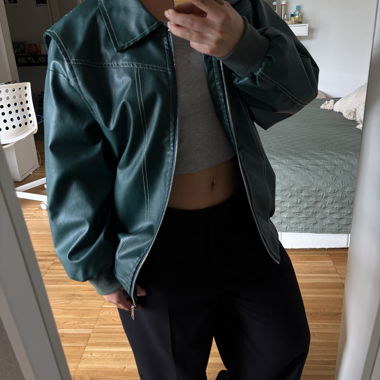 Green Zip Jacket with Leather Effect