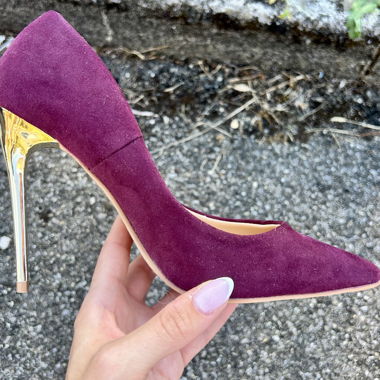 Chaussure prune à talon haut doré/miroir