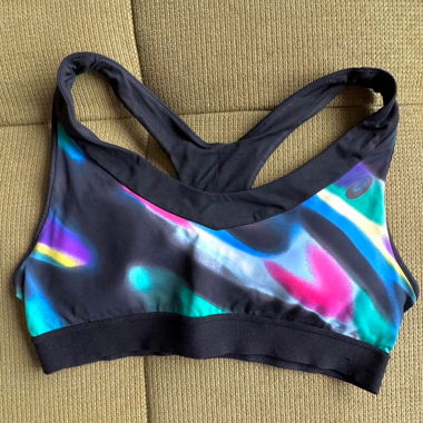 asics black padded sports bra w/ colorful pattern