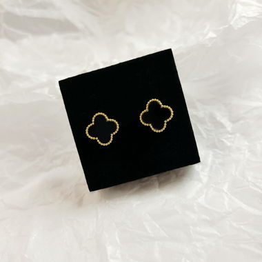 Gold Black Clover Earrings - 18k Gold Plated