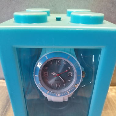 Silikon Uhr Weiss/Hblau Box Lego Stein Kässeli _2