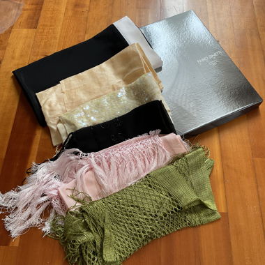 6 scarfs: black, pink, green, light gold, cream