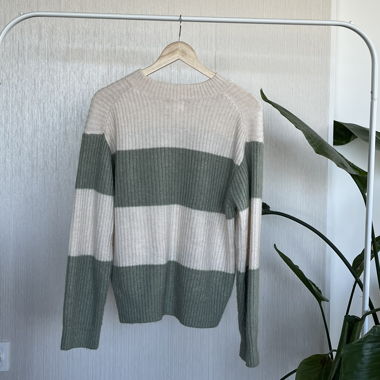 Strickpullover – Beige & Salbeigrün gestreift