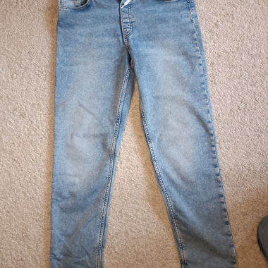 light blue fabric jeans with drawstring