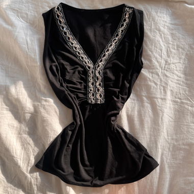 Black Sequin Trim V-Neck Ruched Top