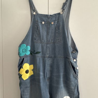 Dark blue denim dungarees with flowers