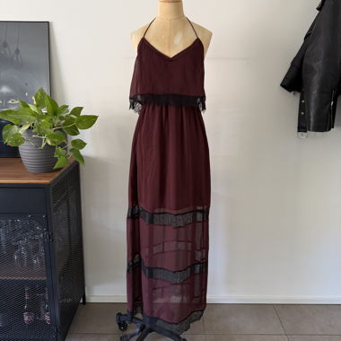 Abito lungo bordeaux chiffon pizzo nero, Taglia L