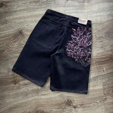 Y2k Baggy Jorts with Cherry Blossom Design