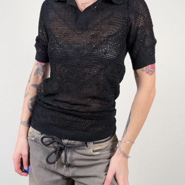 Top polo vintage nero in crochet a maniche corte