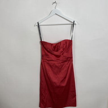 Red satin strapless dress