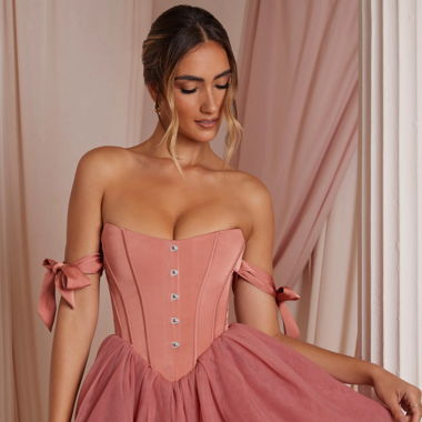Off Shoulder Tulle Skirt Mini Dress in Terracotta