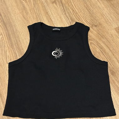 black cropped tank top with moon sun print