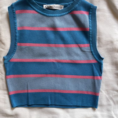 Ärmelloses Crop-Top mit rosa-blauen Streifen