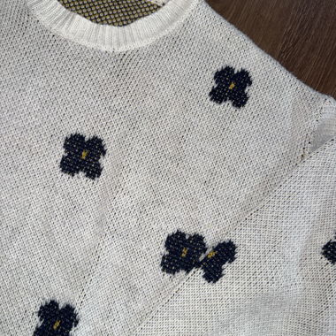 White Knit Sweater with Floral Pattern