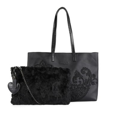 Desigual shopper bag in black with fur pouch