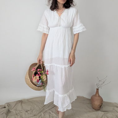 Abito lungo maxi in pizzo bianco, cotone, taglia XS