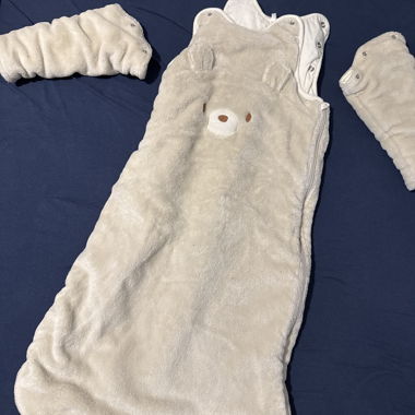 Beige plush baby sleeping bag with bear head T2