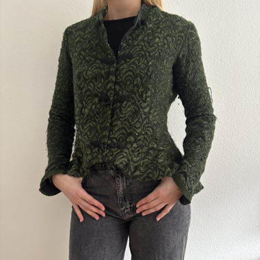 Green embroidered jacket with flounce hem, hand-sewn