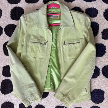 Giacca vintage verde con zip in pelle 100%