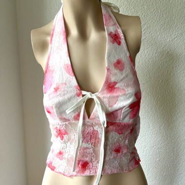 Sheer Pink Floral Lace Halter Top with Tie Back 