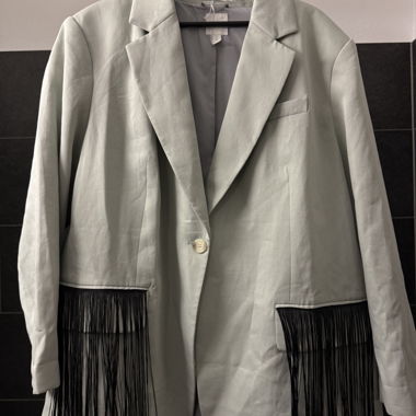 Mint green blazer with black fringes 
