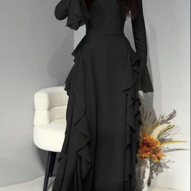 Long black dress with ruffles