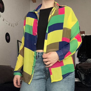 colorful color block sheer button up shirt