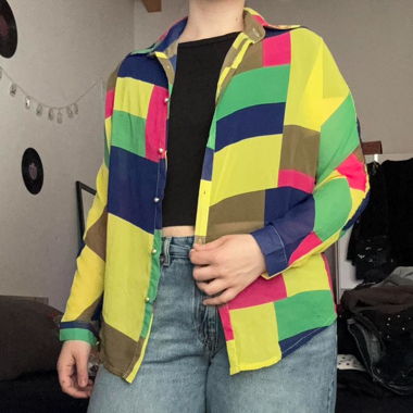 colorful color block sheer button up shirt