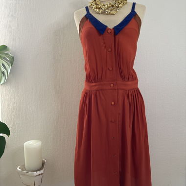 Ochre dress with thin blue straps SEASUN