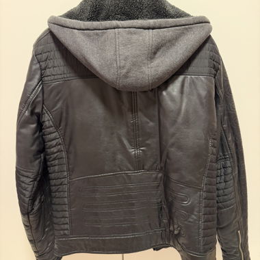 Black faux leather jacket with hood