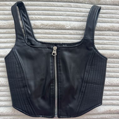 Black faux leather cropped corset