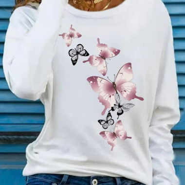 Damen Langarm Shirt Weiss mit Schmetterlingen