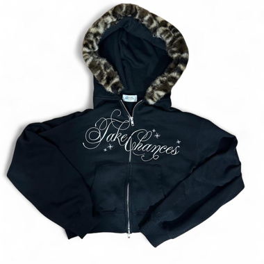 Black faux cheetah fur cropped zip up, size s