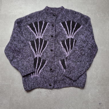 Cardigan vintage en laine fait main, violet et noir